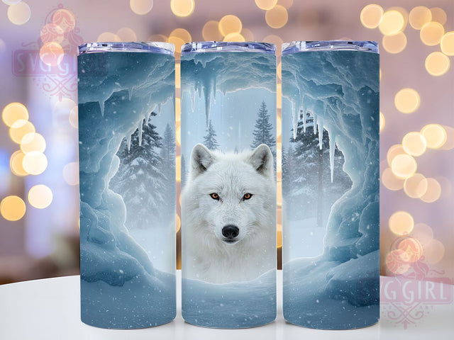 3D White Wolf Winter Tumbler, Winter Design, 3D Sublimation, Hole In Wall, Wildlife Wrap, 20oz Tumbler, Nature Print Sublimation SvggirlplusArt 