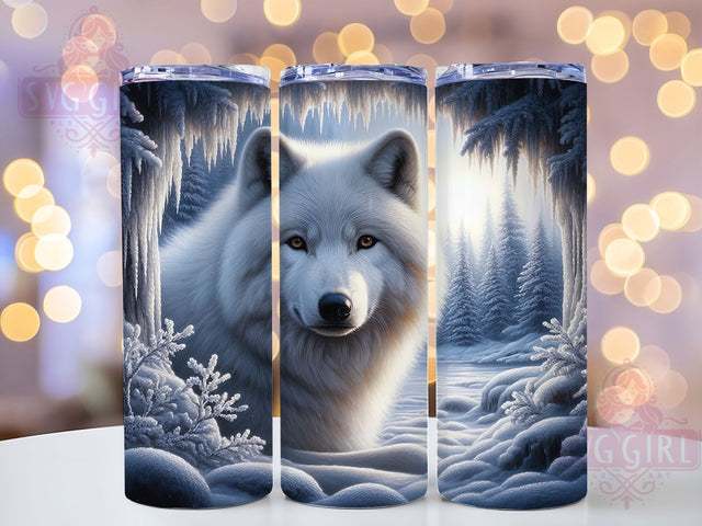 3D White Wolf Winter Tumbler, Winter Design, 3D Sublimation, Hole In Wall, Wildlife Wrap, 20oz Tumbler, Nature Print Sublimation SvggirlplusArt 