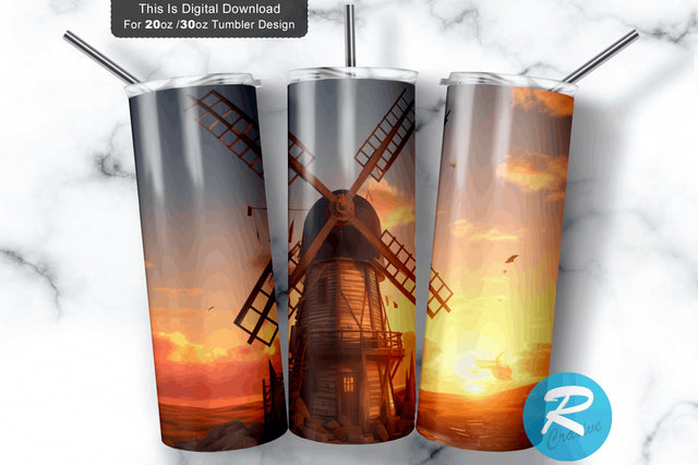 3D Windmill Sunset 20 Oz Tumbler 3D Paper Regulrcrative 