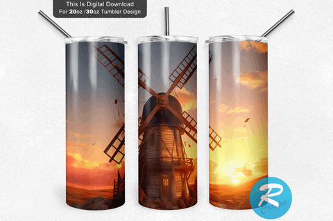 3D Windmill Sunset 20 Oz Tumbler 3D Paper Regulrcrative 