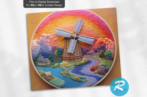 3D Windmill Sunset Embroidered 20 Oz Tumbler 3D Paper Regulrcrative 