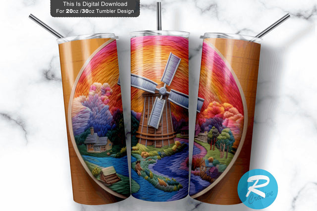 3D Windmill Sunset Embroidered 20 Oz Tumbler 3D Paper Regulrcrative 