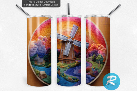 3D Windmill Sunset Embroidered 20 Oz Tumbler 3D Paper Regulrcrative 