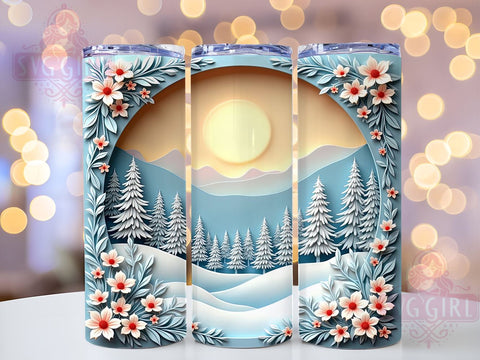3D Winter Flowers Tumbler, Winter Decor Design, 20oz Tumbler Wrap, Floral Sublimation, Unique Drinkware, Holiday Gift, Winter Wall Art Sublimation SvggirlplusArt 