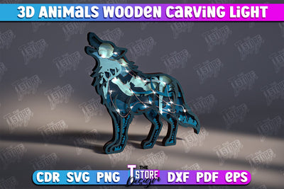 3D Wolf Wooden Carving Light | LED Night Light | Animal Figurines | CNC File SVG The T Store Design 