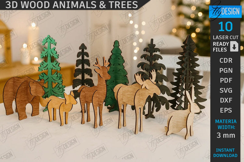 3d Wood Animals & Trees Decor Laser Cut Bundle | Shelf Sitter | Table Decorations | Home Decor | CNC Files SVG Fly Design 