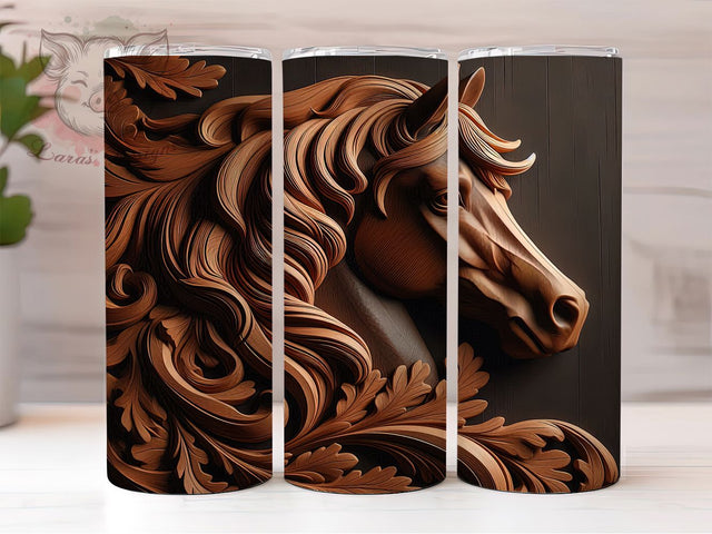 3D Wood Carved Horse Tumbler, Wood Carved Wrap, 20Oz Skinny Tumbler, Rustic Western Sublimation, Brown Horse Design, Country Farm Tumbler, Nature-Inspired Wrap Sublimation Lara' s Designs 