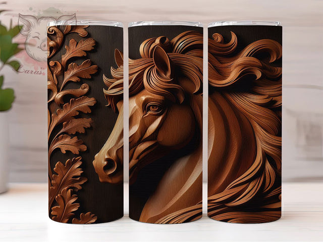 3D Wood Carved Horse Tumbler, Wood Carved Wrap, 20Oz Skinny Tumbler, Rustic Western Sublimation, Brown Horse Design, Country Farm Tumbler, Nature-Inspired Wrap Sublimation Lara' s Designs 