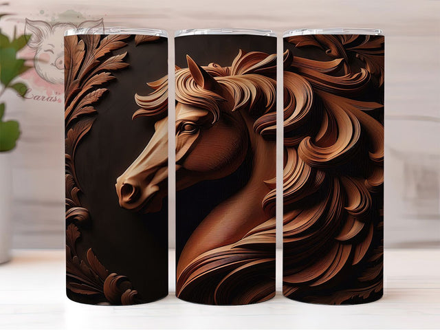 3D Wood Carved Horse Tumbler, Wood Carved Wrap, 20Oz Skinny Tumbler, Rustic Western Sublimation, Brown Horse Design, Country Farm Tumbler, Nature-Inspired Wrap Sublimation Lara' s Designs 