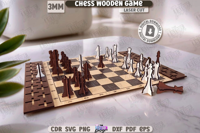 3D Wooden Chess Game Laser Cut | Board Games SVG | Strategy Game SVG | 3D Laser Design | Unique Laser Cut | Portable Chess Set with Engraved | Family Game | DIY Projects | CNC File SVG The T Store Design 