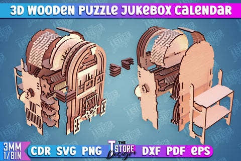 3D Wooden Puzzle Jukebox Calendar | Desktop Calendar | Wooden Art Puzzle | CNC File SVG The T Store Design 