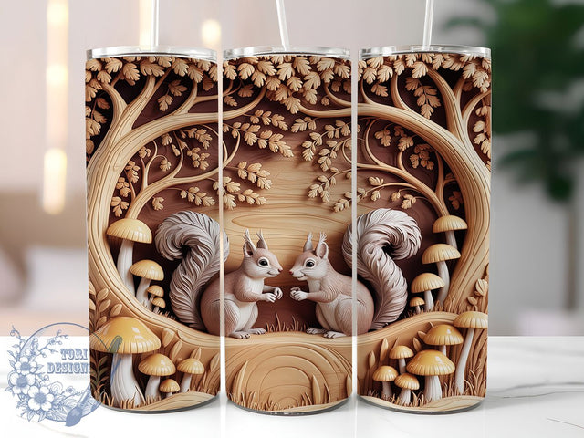 3D Woodland Squirrels Forest Tumbler, Mushrooms Sublimation Design, 3D Carved Wood Cup Art, Seamless Forest Tumbler, Whimsical Woodland Mug, Stylish Nature Cup, Cozy Forest Wrap Sublimation ToriDesigns 