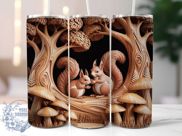 3D Woodland Squirrels Forest Tumbler, Mushrooms Sublimation Design, 3D Carved Wood Cup Art, Seamless Forest Tumbler, Whimsical Woodland Mug, Stylish Nature Cup, Cozy Forest Wrap Sublimation ToriDesigns 