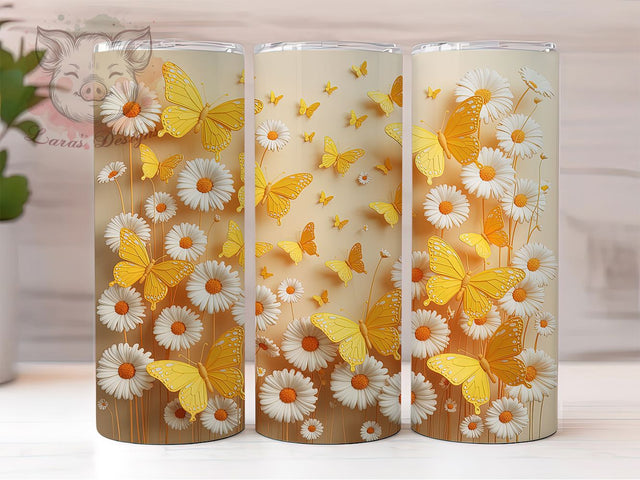 3D Yellow Butterfly Tumbler, Yellow Wings, Cute Design, Floral Art, Nature Theme, 20Oz Tumbler, Sublimation Wrap Sublimation Lara' s Designs 