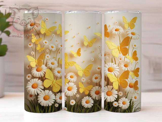 3D Yellow Butterfly Tumbler, Yellow Wings, Cute Design, Floral Art, Nature Theme, 20Oz Tumbler, Sublimation Wrap Sublimation Lara' s Designs 