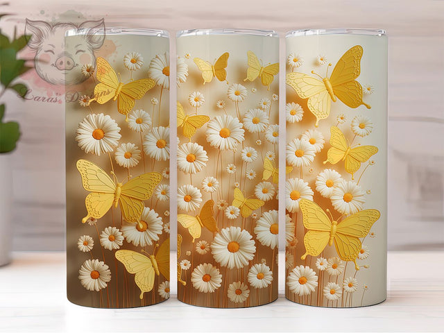 3D Yellow Butterfly Tumbler, Yellow Wings, Cute Design, Floral Art, Nature Theme, 20Oz Tumbler, Sublimation Wrap Sublimation Lara' s Designs 