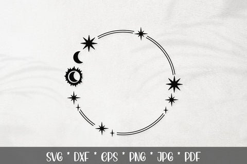 4 Celestial Frames SVG with Moon, Stars & Sun | Mystical Borders SVG Tafti Art 