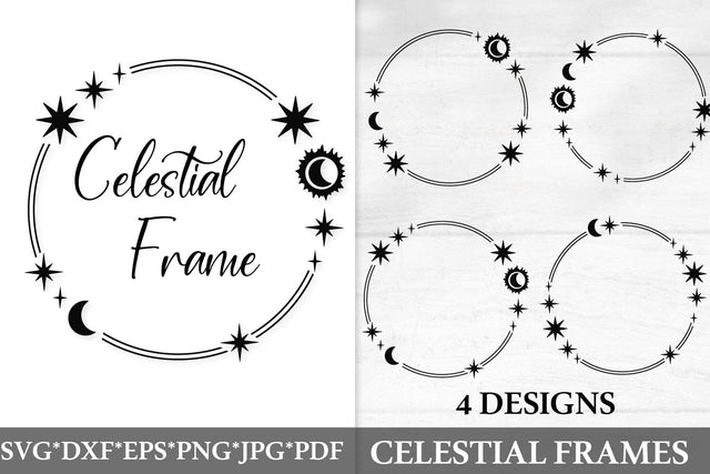 4 Celestial Frames SVG with Moon, Stars & Sun | Mystical Borders SVG Tafti Art 