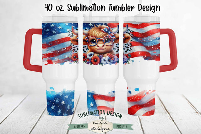 40 oz American Highland Cow Sublimation Tumbler Design Sublimation Ewe-N-Me Designs 