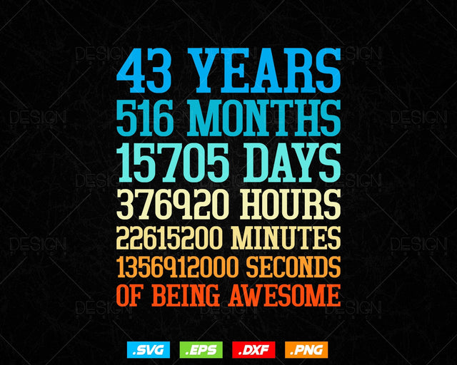 43 Years Of Being Awesome Birthday Svg Png, Retro Vintage Style Happy Birthday Gifts T Shirt Design, Birthday gift svg files for cricut Svg SVG DesignDestine 