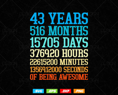 43 Years Of Being Awesome Birthday Svg Png, Retro Vintage Style Happy Birthday Gifts T Shirt Design, Birthday gift svg files for cricut Svg SVG DesignDestine 