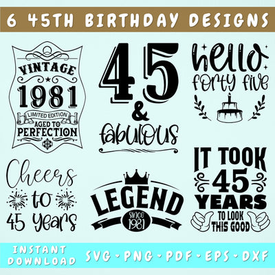 45th Birthday SVG Bundle, 6 Designs, 45th Birthday Shirt SVG, 45 And Fabulous SVG, Cheers To 45 Years SVG, Legend Since 1981 SVG, Vintage 1981 SVG SVG HappyDesignStudio 