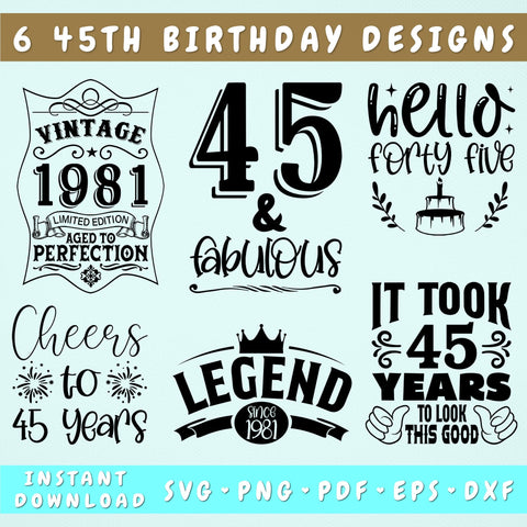 45th Birthday SVG Bundle, 6 Designs, 45th Birthday Shirt SVG, 45 And Fabulous SVG, Cheers To 45 Years SVG, Legend Since 1981 SVG, Vintage 1981 SVG SVG HappyDesignStudio 