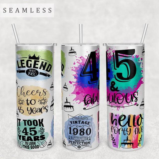 45th Birthday Tumbler Wrap, 20 Oz Skinny Tumbler Sublimation Design, Seamless 45th Anniversary Tumbler PNG, Vintage 1980 Tumbler Wrap Sublimation HappyDesignStudio 