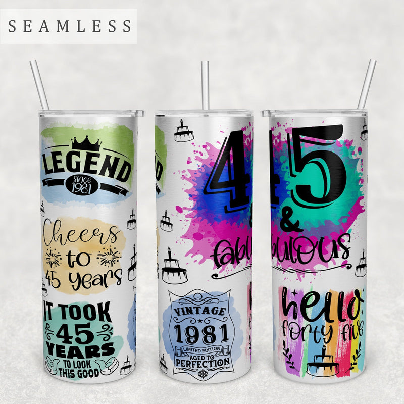 45th Birthday Tumbler Wrap, 20 Oz Skinny Tumbler Sublimation Design, Seamless 45th Anniversary Tumbler PNG, Vintage 1981 Tumbler Wrap Sublimation HappyDesignStudio 