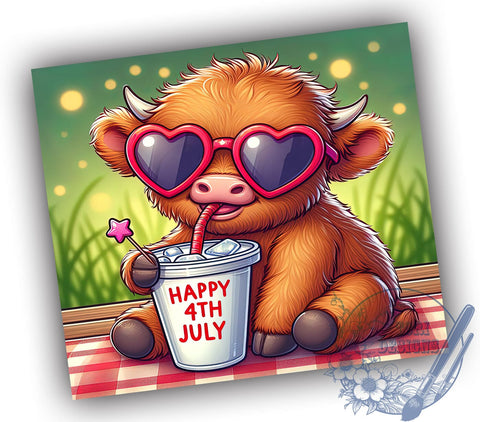 4th July Highland Cow 20oz Skinny Tumbler, Highland Cow Tumbler Png, Straight & Tapered Tumbler Wrap, Instant Digital Download Sublimation ToriDesigns 