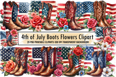 4th of July Boots Flowers Clipart Sublimation designartist 