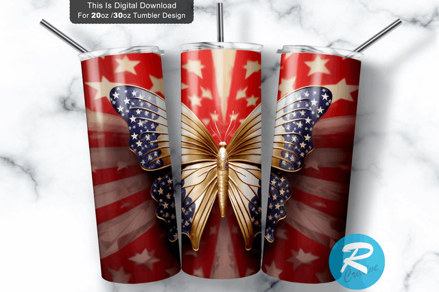 4th of July Butterfly 3D 20 Oz Tumbler Sublimation Regulrcrative 