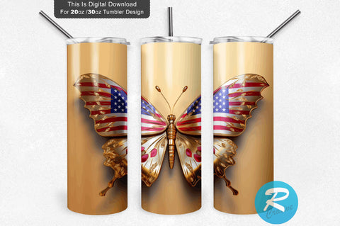 4th of July Butterfly 3D 20 Oz Tumbler Sublimation Regulrcrative 