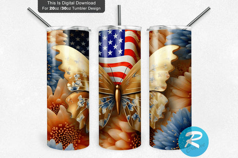 4th of July Butterfly 3D 20 Oz Tumbler Sublimation Regulrcrative 