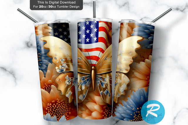 4th of July Butterfly 3D 20 Oz Tumbler Sublimation Regulrcrative 