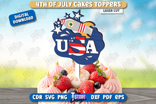 4th of July Cake Topper Laser Cut | Patriotic Sign | Independence Day Design | CNC File SVG The T Store Design 