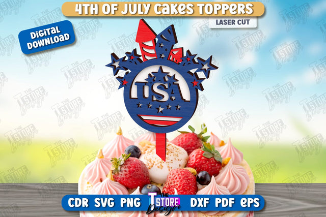4th of July Cake Topper Laser Cut | Patriotic Sign | Independence Day Design | CNC File SVG The T Store Design 