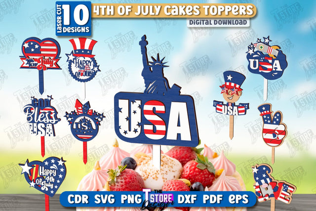 4th of July Cake Toppers Laser Cut Bundle | Patriotic Sign | Independence Day Design | CNC Files SVG The T Store Design 