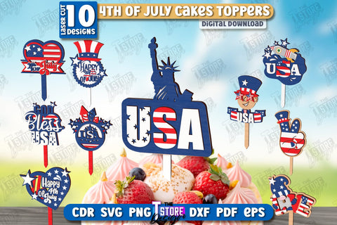 4th of July Cake Toppers Laser Cut Bundle | Patriotic Sign | Independence Day Design | CNC Files SVG The T Store Design 