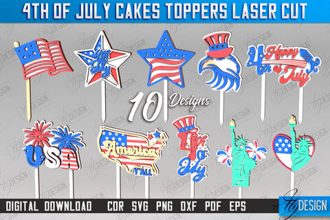 4th of July Cake Toppers Laser Cut Bundle | Patriotic Signs | Independence Day Design | CNC Files SVG Fly Design 