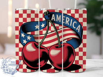 4th of July Cherries 20oz Tumbler Wrap, Glossy Red Cherries, America Patriotic Wrap, Sublimation Wrap, 20oz Tumbler Design, PNG Tumbler Wrap, Independence Day Sublimation ToriDesigns 