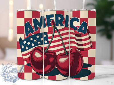 4th of July Cherries 20oz Tumbler Wrap, Glossy Red Cherries, America Patriotic Wrap, Sublimation Wrap, 20oz Tumbler Design, PNG Tumbler Wrap, Independence Day Sublimation ToriDesigns 