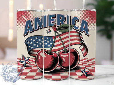 4th of July Cherries 20oz Tumbler Wrap, Glossy Red Cherries, America Patriotic Wrap, Sublimation Wrap, 20oz Tumbler Design, PNG Tumbler Wrap, Independence Day Sublimation ToriDesigns 