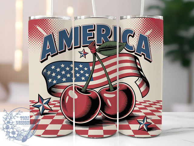 4th of July Cherries 20oz Tumbler Wrap, Glossy Red Cherries, America Patriotic Wrap, Sublimation Wrap, 20oz Tumbler Design, PNG Tumbler Wrap, Independence Day Sublimation ToriDesigns 