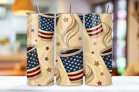 4th Of July Coffee Lovers Seamless Tumbler Wrap - 3D Patriotic Mug & Beans, 20oz Skinny Sublimation Design, American Flag Floral Art, Independence Day Tumbler Wrap, Fourth of July Floral Gift, USA Patriotic Flower Wrap Sublimation FloridPrintables 