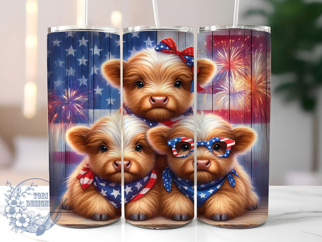 4th of July Cow 20oz Tumbler, Highland Cows, Rustic Fence, Fluffy Calves, Stacked Animals, Skinny Tumbler, Sublimation PNG Sublimation ToriDesigns 