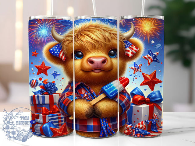 4th of July Cow 20oz Tumbler Wrap, Highland Cow Design, Patriotic Wrap, Sublimation Wrap, 20oz Tumbler Design, PNG Tumbler Wrap, Independence Day Sublimation ToriDesigns 