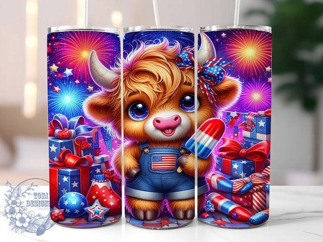 4th of July Cow 20oz Tumbler Wrap, Highland Cow Design, Patriotic Wrap, Sublimation Wrap, 20oz Tumbler Design, PNG Tumbler Wrap, Independence Day Sublimation ToriDesigns 