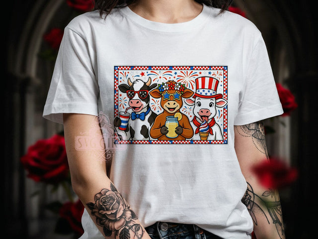 4th of July Cow T-Shirt PNG, Patriotic Cows, Festive Border, Red White Blue, Sublimation PNG, Independence Day Shirt, Funny Farm Sublimation SvggirlplusArt 