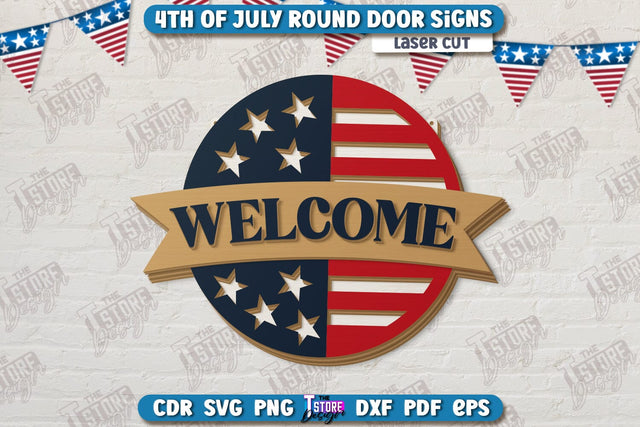 4th of July Door Sign Laser Cut | Patriotic Sign | Independence Day | Red White and Blue | Welcome Sign | CNC File SVG The T Store Design 